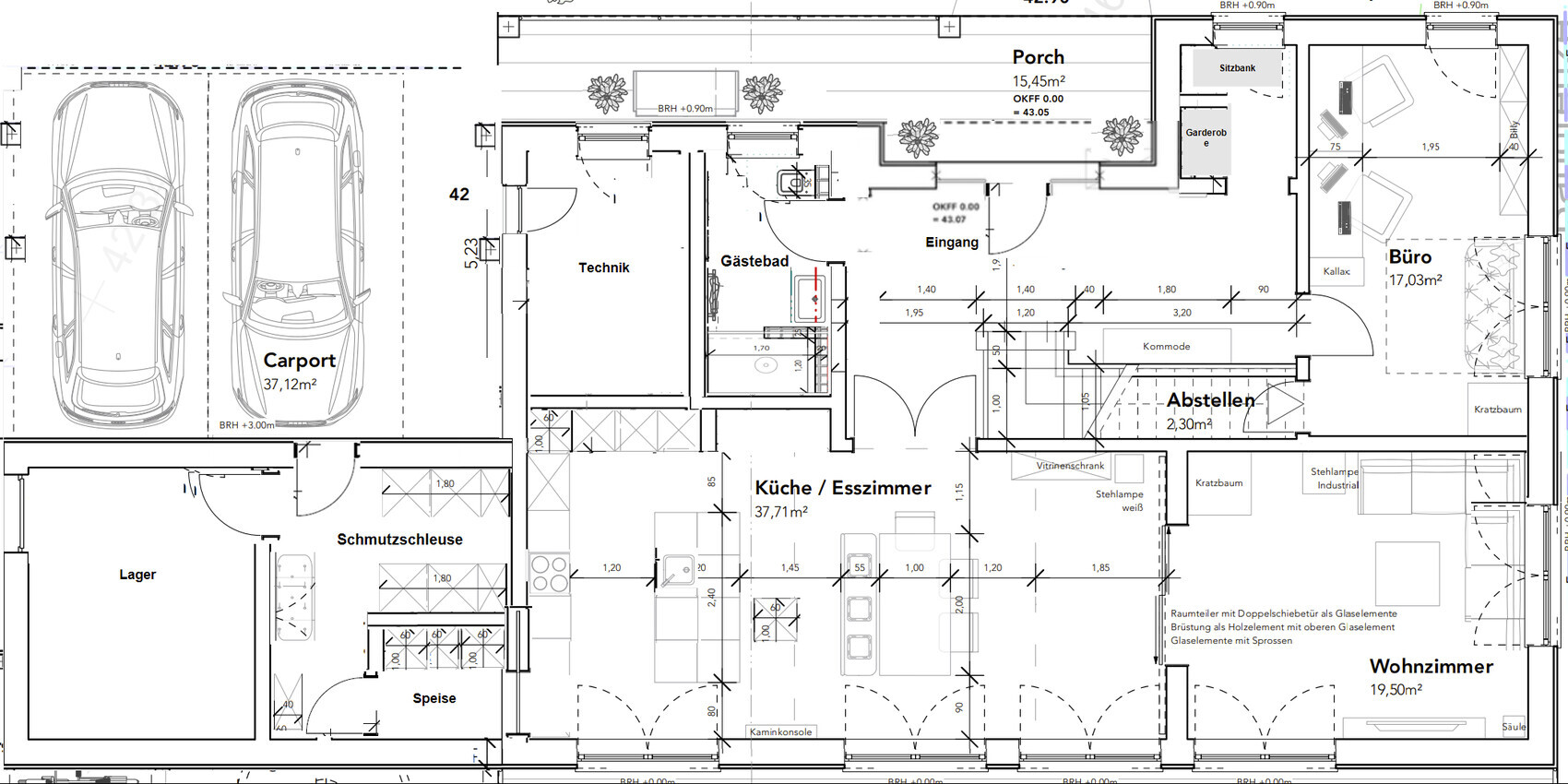 Grundriss eines Hauses: Carport, Küche/Esszimmer, Wohnzimmer, Büro, Abstellraum, Technik, Eingang.