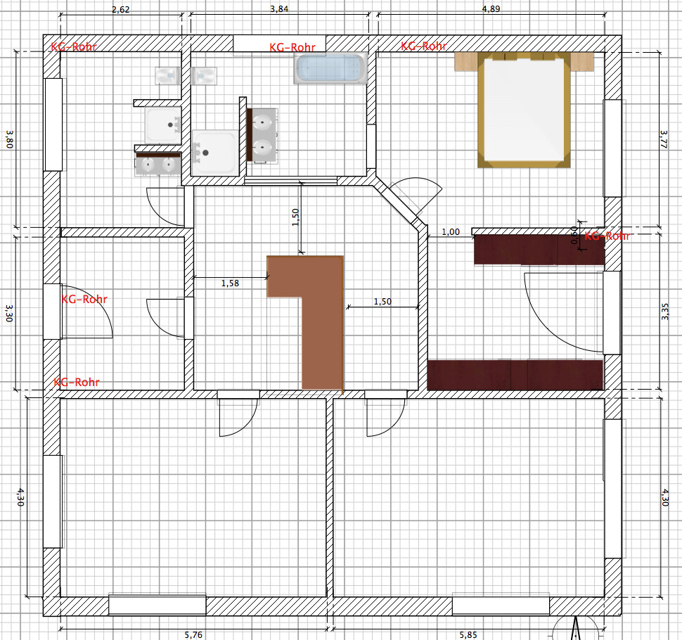 Grundriss eines Hauses: Küche, Bad, Schlafzimmer und Wohnzimmer.