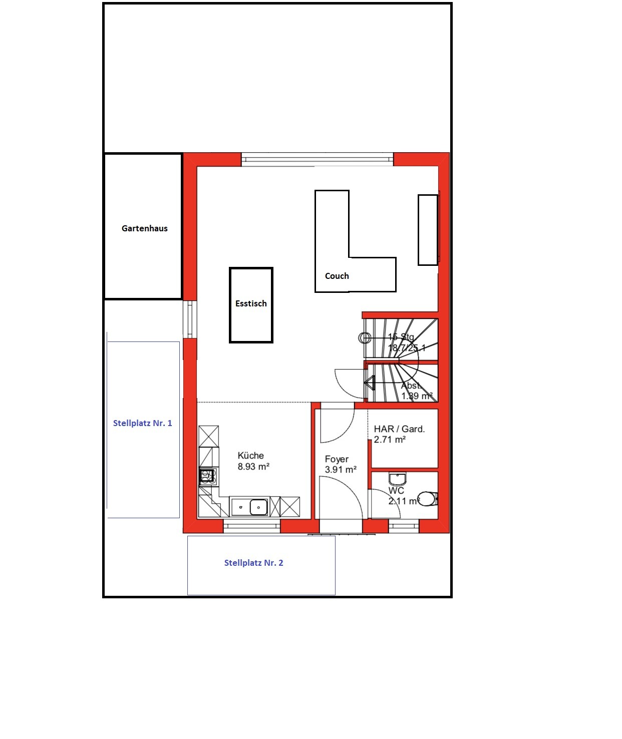 Grundriss eines Hauses: Küche, Essecke, Couch, Foyer, WC, HAR, Gartenhaus, zwei Stellplätze.