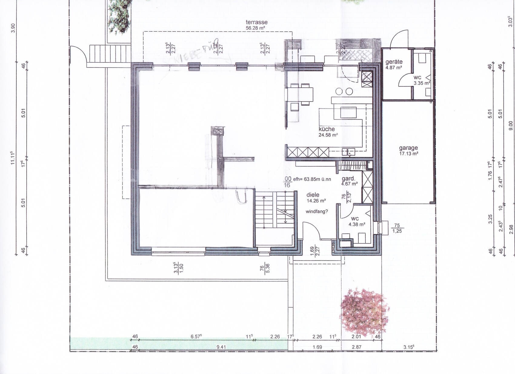 Grundriss eines Wohnhauses mit Küche, Terrasse, Garage, WC, Diele und Garderobe.