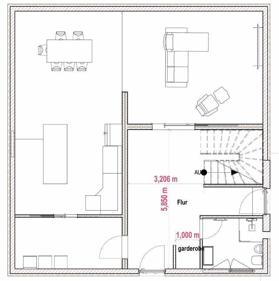 Grundriss eines Wohnungsplans: Wohnzimmer mit Esstisch und Stühlen, Sofa, Küche, Flur, Garderobe.