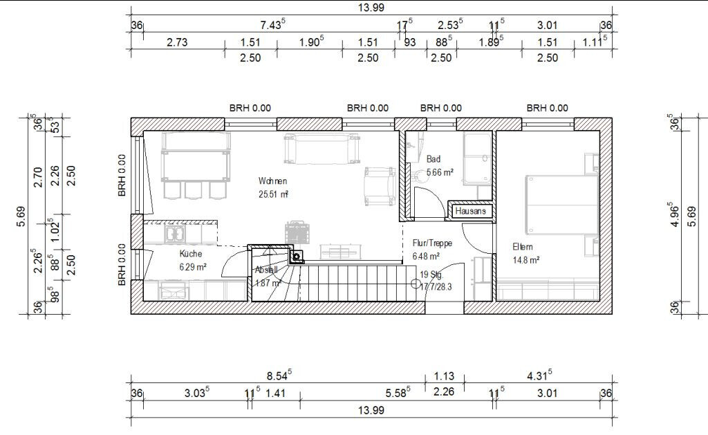 Grundriss Erdgeschoss: Wohnen 25.51 m2, Küche 6.29 m2, Bad 5.66 m2, Eltern 14.8 m2.
