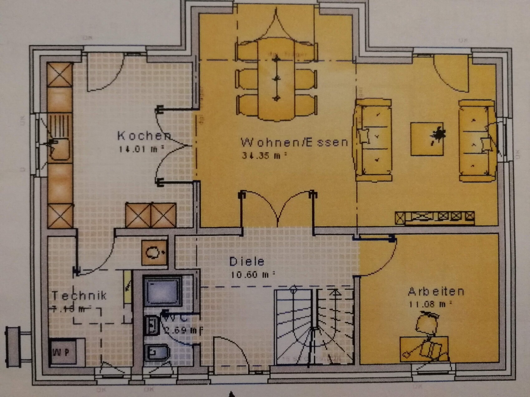 Zweidimensionaler Grundriss eines Hauses mit Küche, Wohnen/Essen, Diele und Arbeitszimmer.