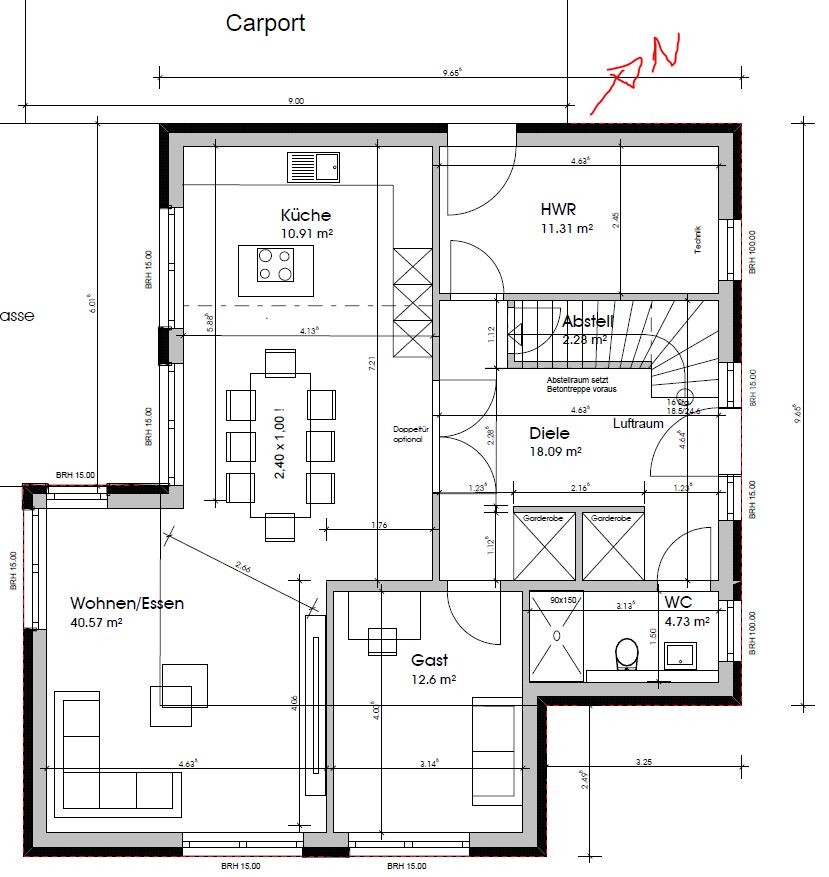 Grundriss eines Hauses: Erdgeschoss mit Küche, Wohnen/Essen, Diele, Gast, WC, HWR und Carport.