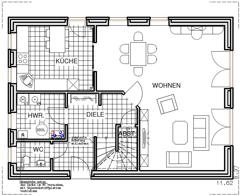 Grundriss eines Hauses mit Küche, Wohnen, Diele und HWR