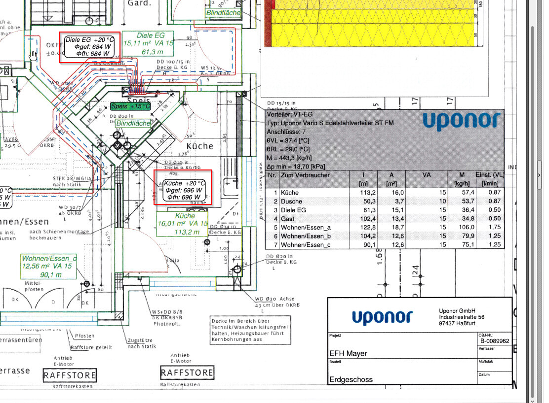 Grundriss eines Küchen- und Wohnbereichs mit Heizdatenbox und Uponor-Plan