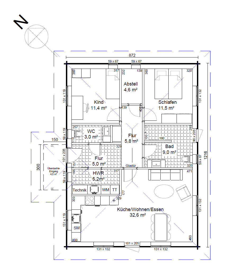 2D-Haus-Grundriss mit Küche/Wohnen/Essen, Schlafzimmer, Bad und Flur