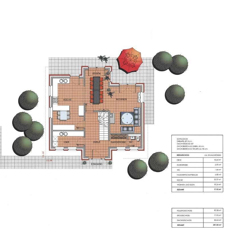 Grundriss Erdgeschoss mit Küche, Wohnen/Essen, Diele, Garderobe, WC und Terrasse.