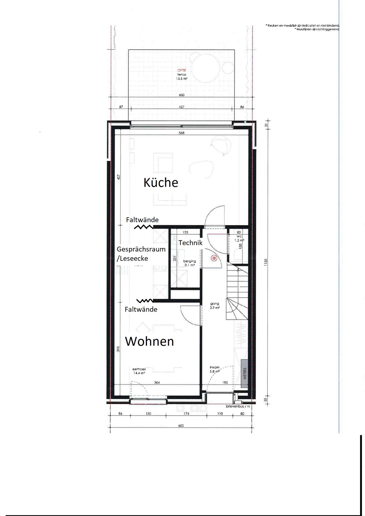 Grundriss eines Wohnhauses mit Küche, Wohnzimmer, Technikraum und Gesprächsraum/Leseecke.