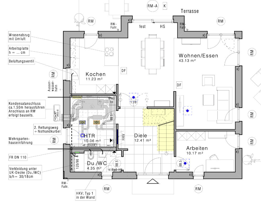 Grundriss eines Hauses: Küche, Wohnen/Essen, Diele, Arbeiten, Du/WC, Terrasse.