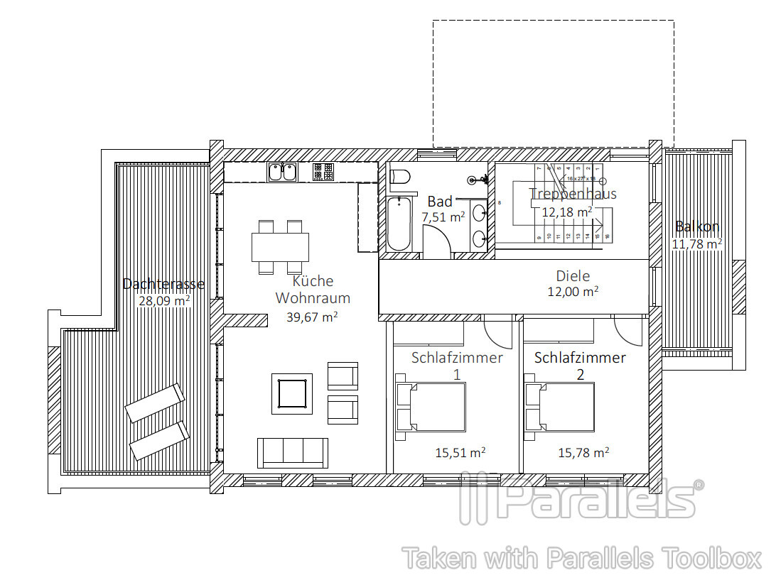 Grundriss einer Wohnung mit Dachterrasse, Balkon, Küche/Wohnraum, Bad, Diele, zwei Schlafzimmer