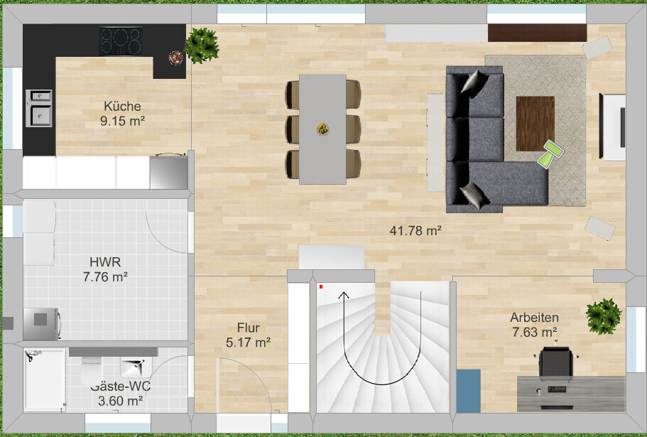 Grundriss: Offener Wohn-Essbereich mit Küche, Arbeitszimmer und Treppe.