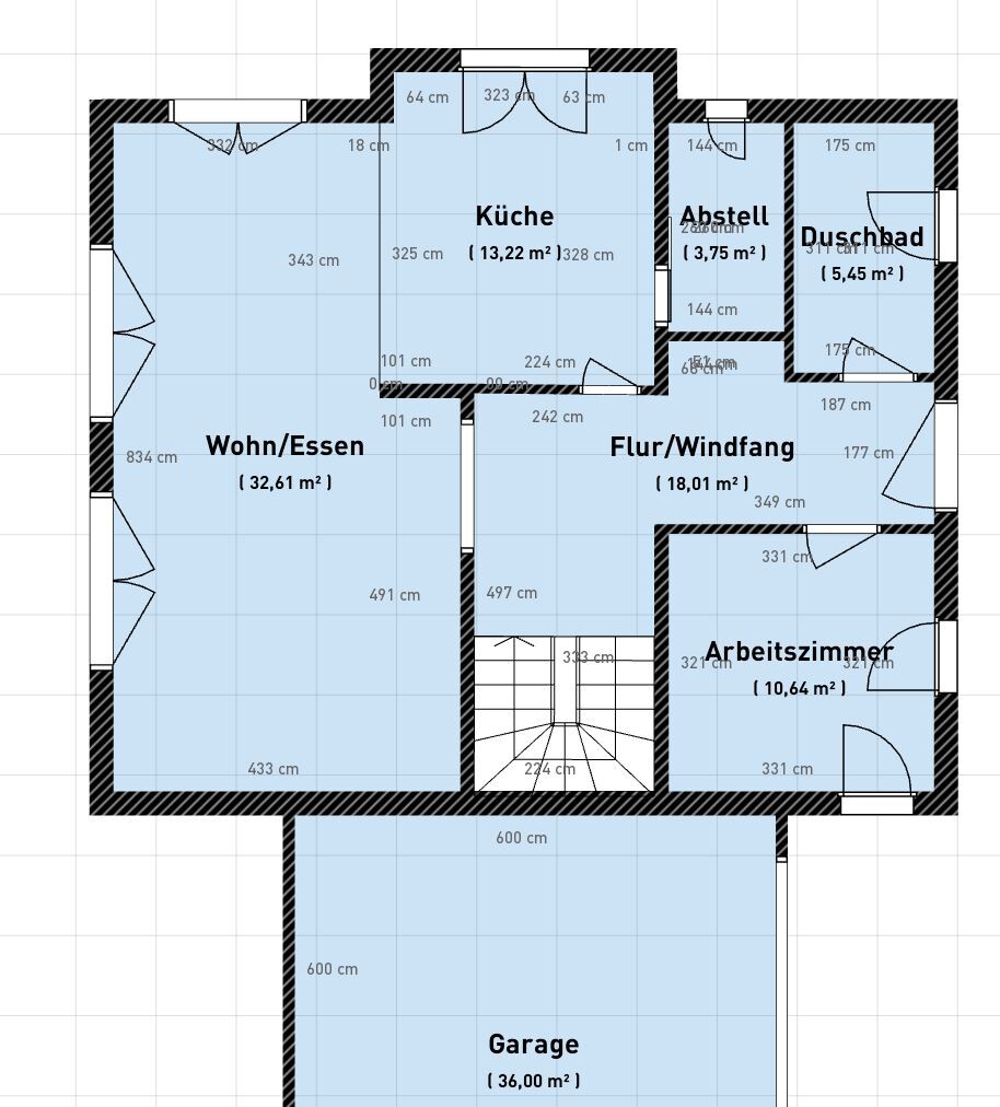 Grundriss eines Hauses mit Küche, Wohn/Ess, Flur, Arbeitszimmer, Abstell, Duschbad und Garage