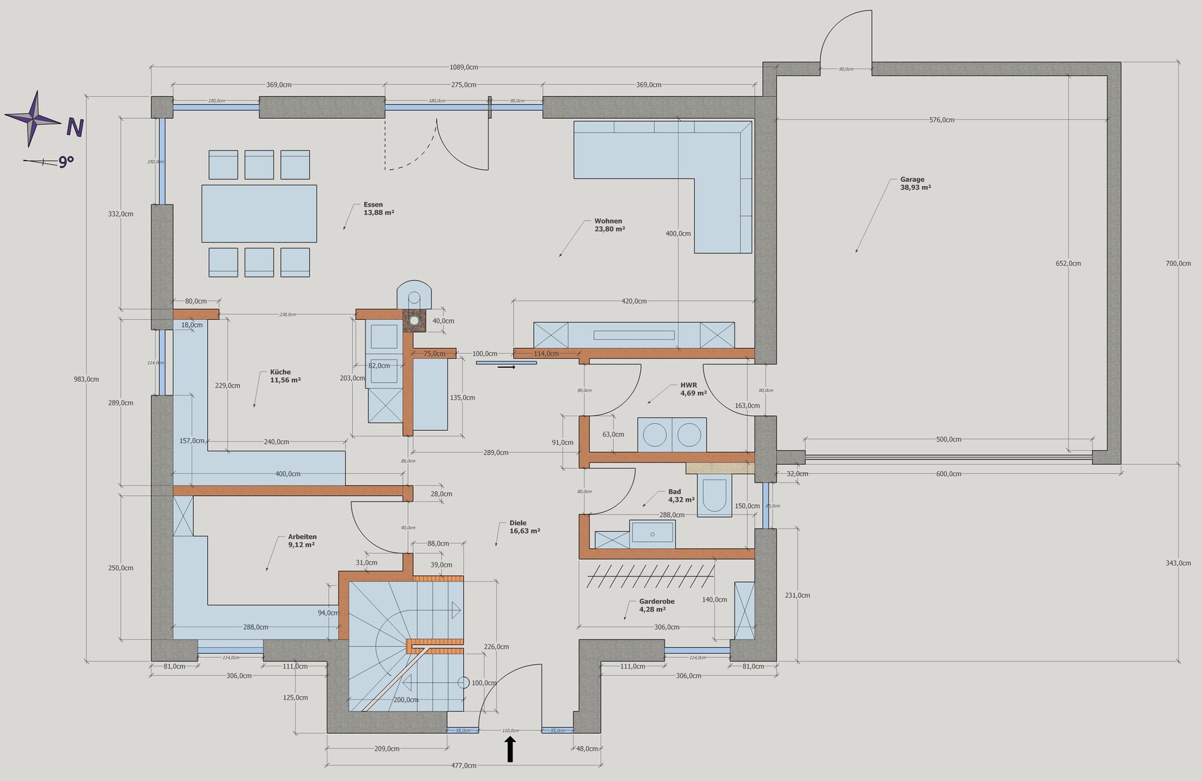 Grundriss eines Wohnhauses: Küche, Essen, Wohnen, Bad, Diele, Arbeiten, Garderobe und Garage.
