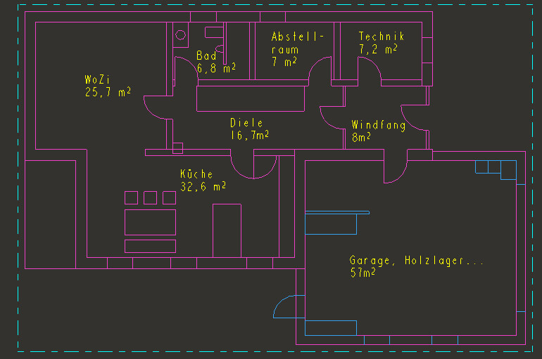 2D-Grundrissplan eines Hauses mit Küche, Wohnzimmer, Bad und Garage.
