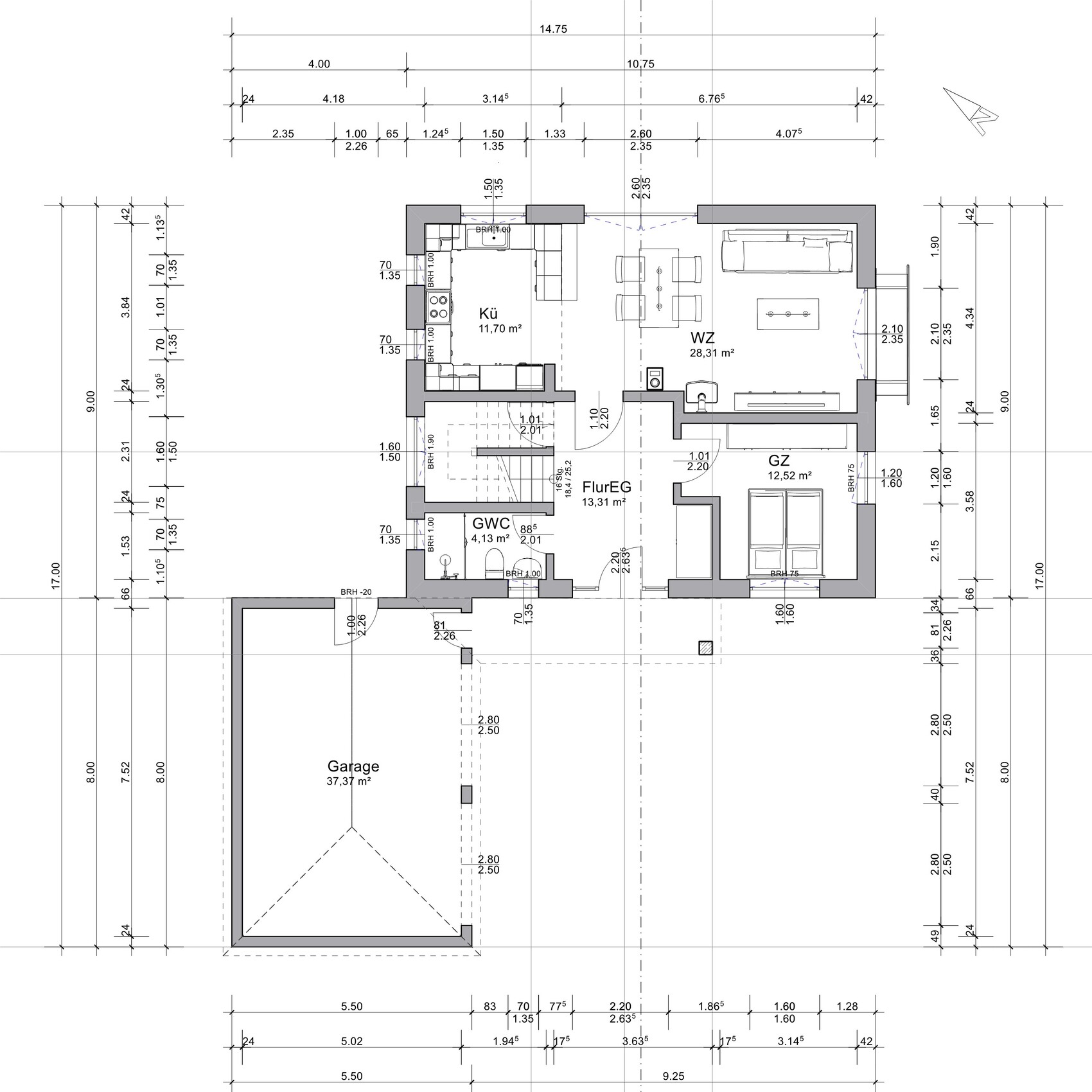 Grundriss eines Hauses mit Küche, Wohnzimmer, Flur, Bad, Gästezimmer und Garage.