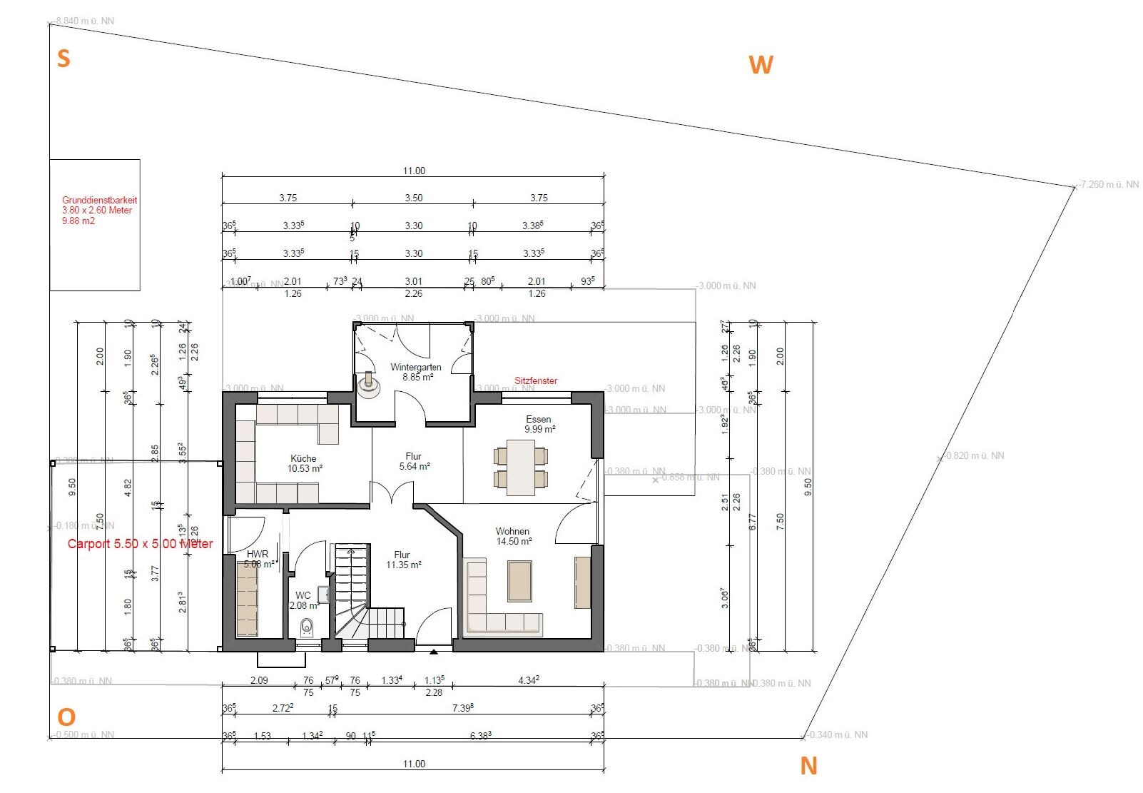 Grundriss-Ebene eines Hauses: Küche, Wohnen, Essen, Wintergarten, HWR, WC, Flur; Carport außen.
