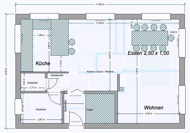 Grundrissplan eines Hauses mit Küche, Essbereich und Wohnzimmer