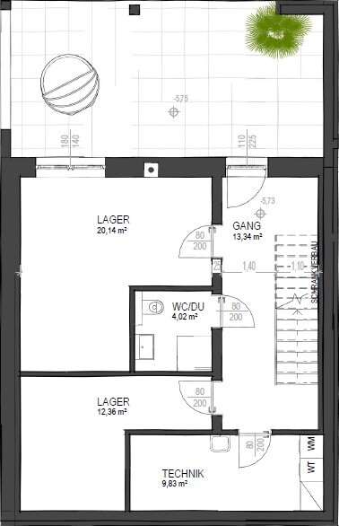 Grundriss eines Kellergeschosses mit zwei Lagern, Technikraum, WC/DU, Gang und Treppe