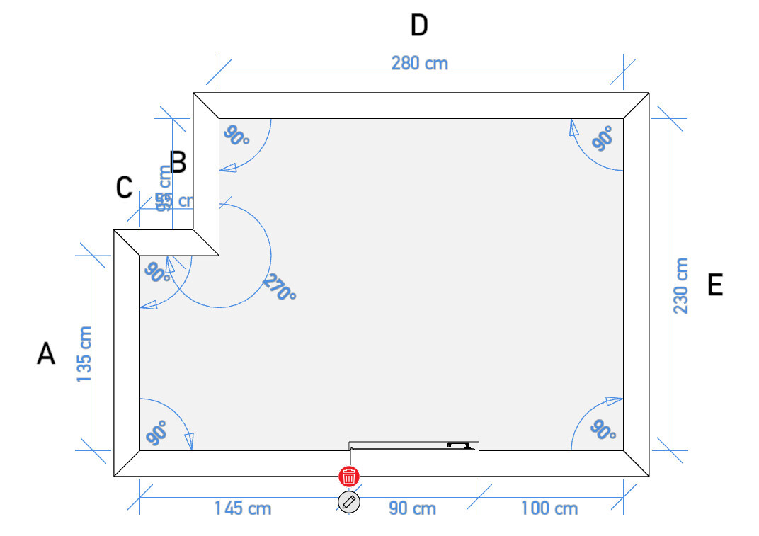 Grundriss eines rechteckigen Raums mit linkem Innenausschnitt; Tür unten, Maße 280×230 cm.
