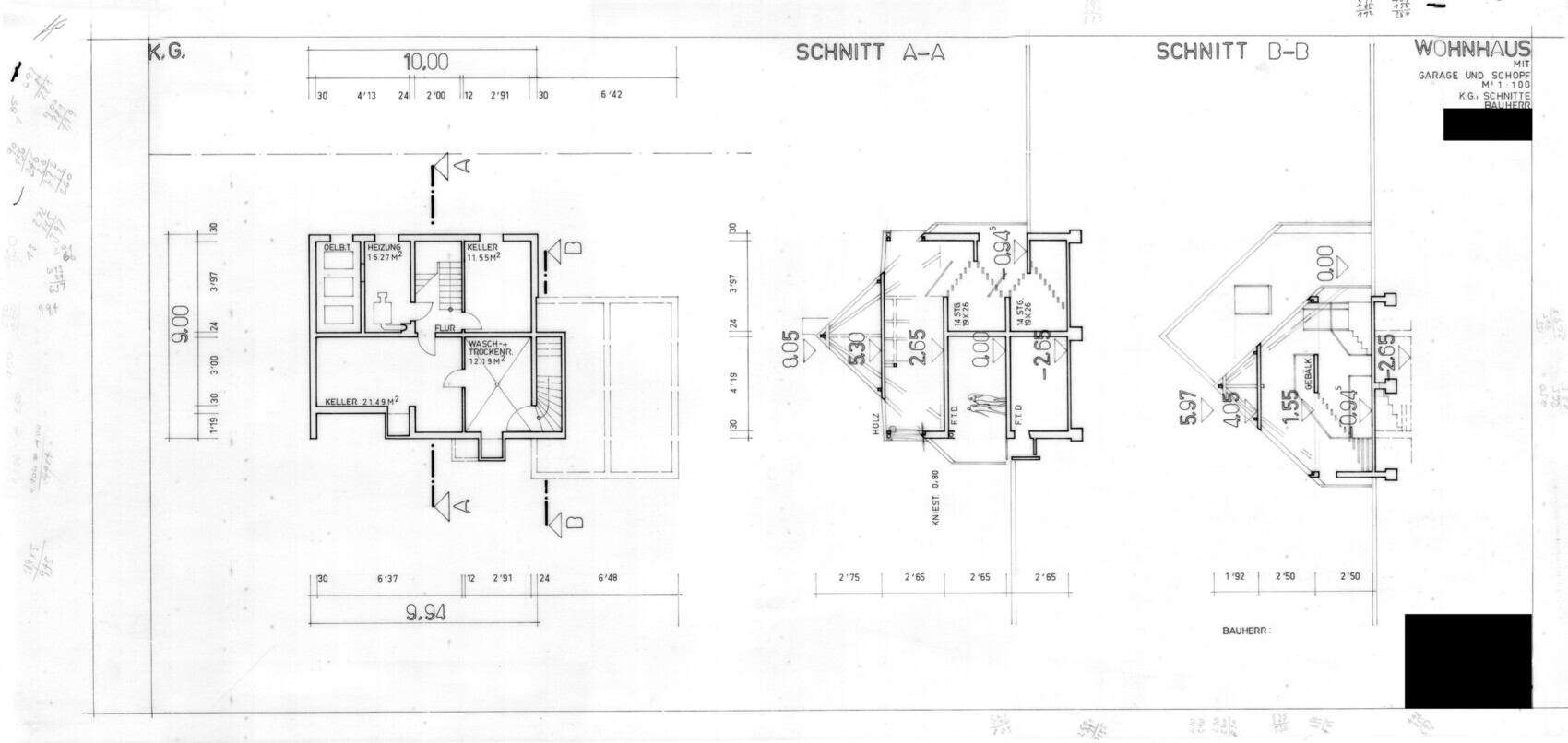 Architekturplan eines Wohnhauses mit Keller, Grundrissen und Schnitten (A-A, B-B).