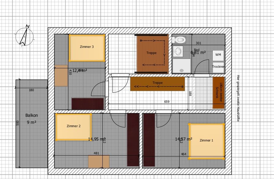 2D-Grundriss eines mehrgeschossigen Hauses mit Zimmern, Balkon und Treppen