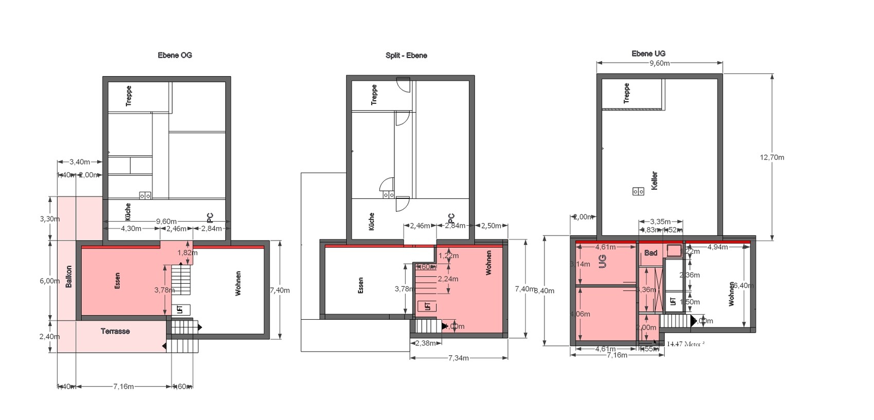 Mehrgeschossiger Grundriss mit Treppen, Küche und mehreren Ebenen.