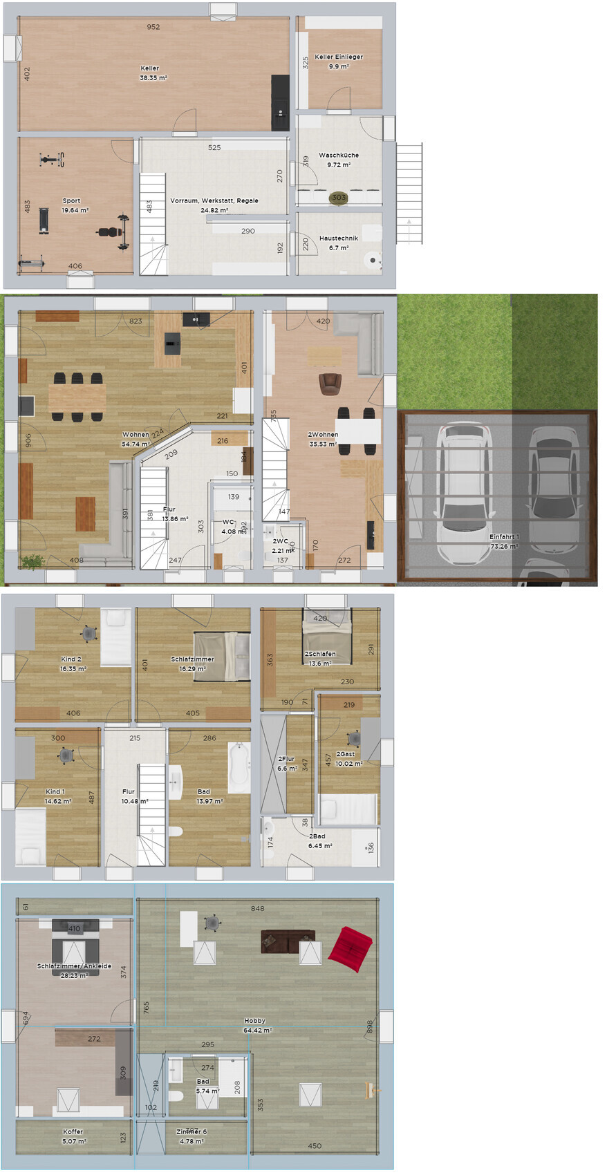 Detaillierter Grundriss eines mehrgeschossigen Hauses mit Wohnzimmer, Küche, Fluren und Garage