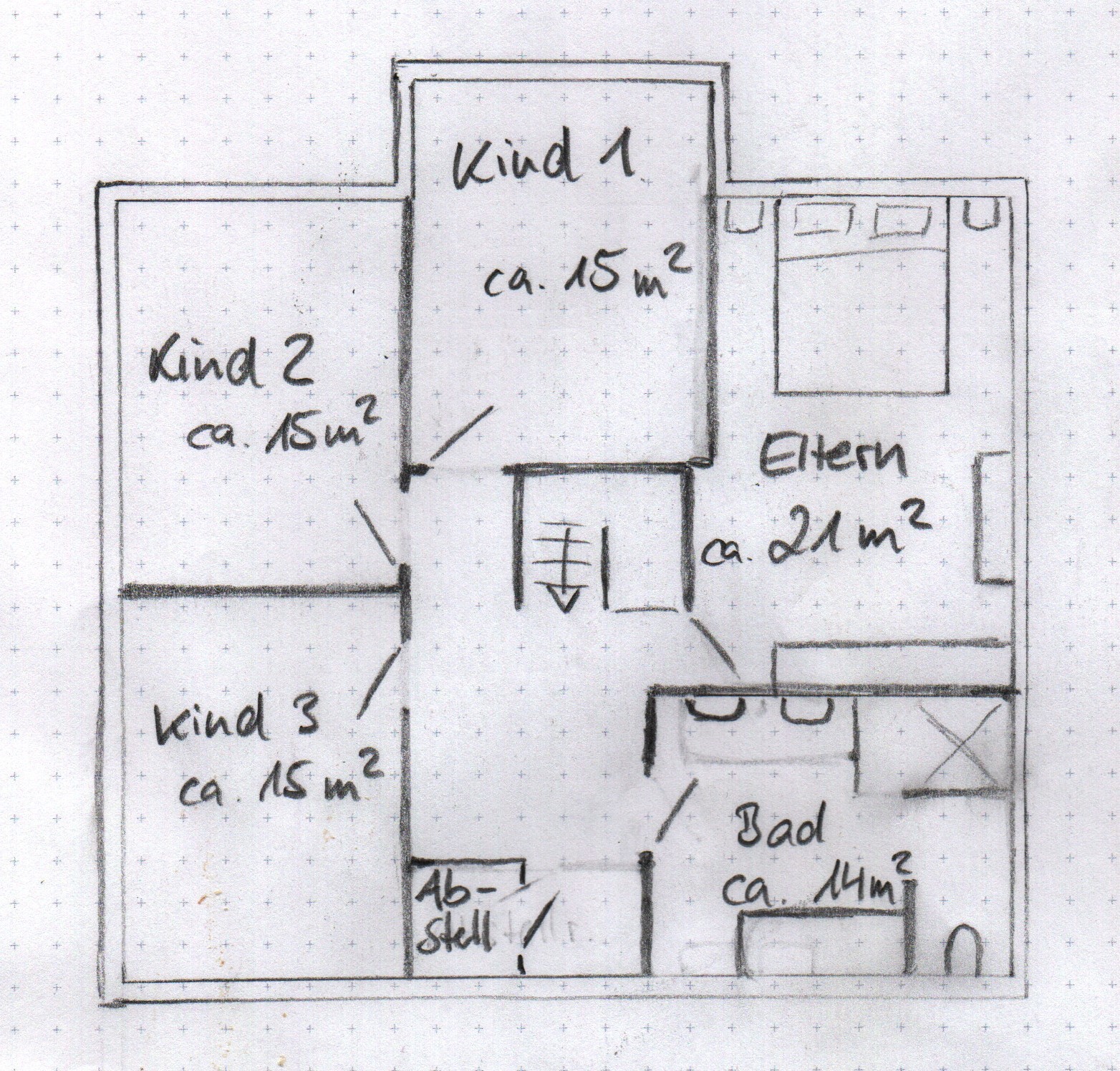 Grundriss eines Hauses: Drei Kinderzimmer je 15 m2, Elternzimmer 21 m2, Bad 14 m2, Flur.