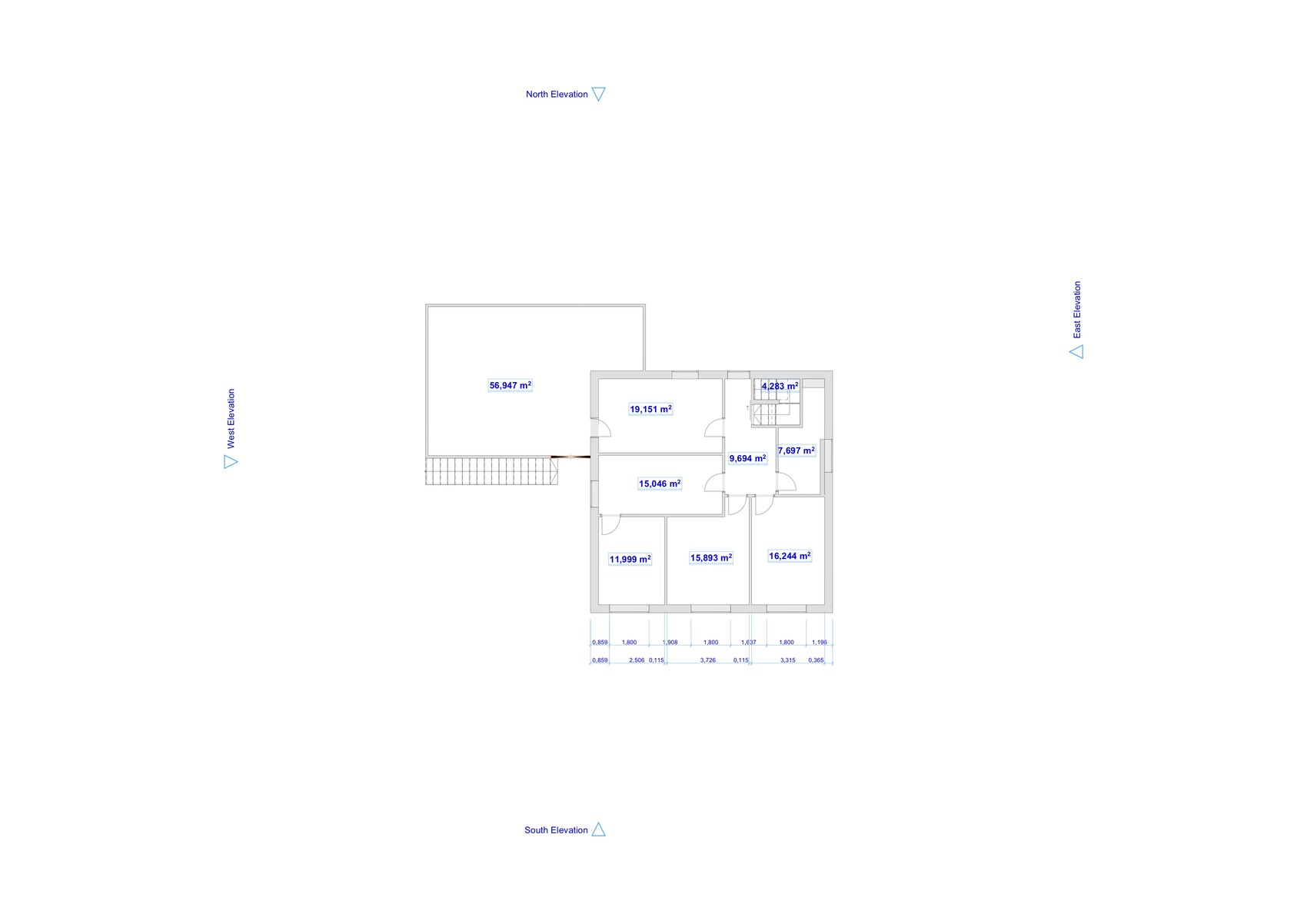Grundriss eines Gebäudeteils mit mehreren Zimmern, Flächen in m² und Himmelsrichtungen (N/S/W/E).