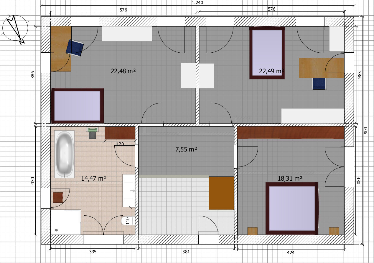 Detaillierter Grundriss eines Hauses mit mehreren Schlafzimmern, Bad und Flur