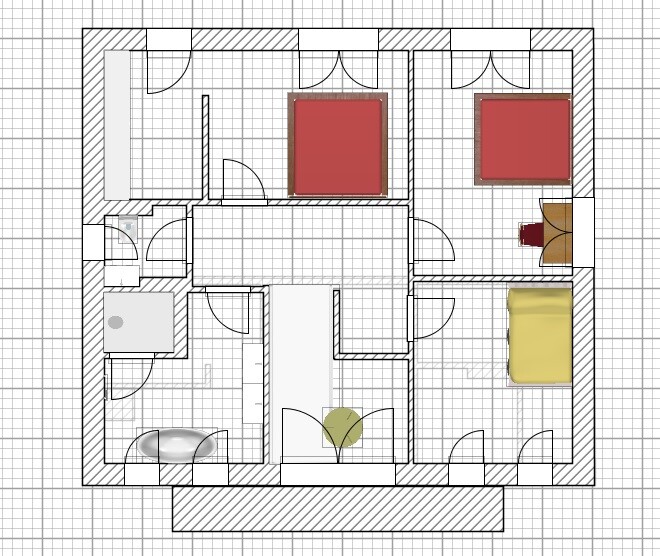 2D-Grundriss eines Wohnhauses mit drei Schlafzimmern, Bad, Flur und Türen