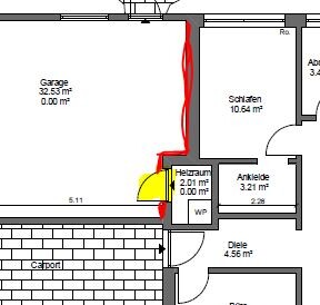 Grundrissplan eines Hauses mit Garage, Schlafzimmer, Flur und Heizung