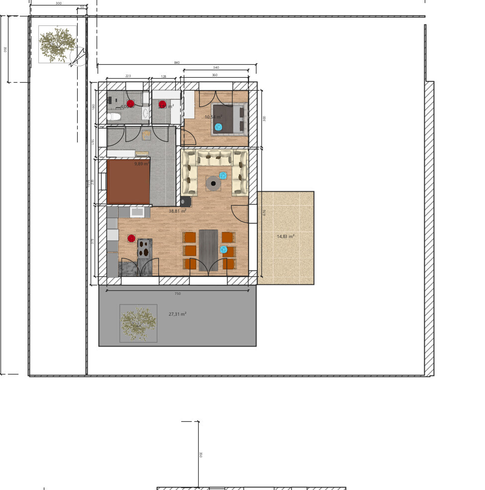 Grundrissplan eines Hauses mit Wohnzimmer, Küche, Bad und Terrasse