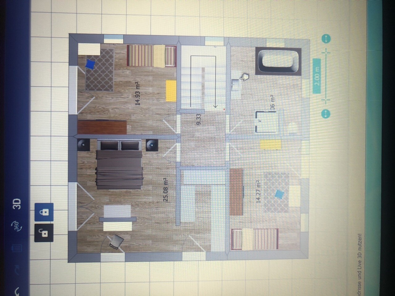 Grundriss einer Wohnung: Wohnzimmer, Küche, Flur, zwei Schlafzimmer und Bad.