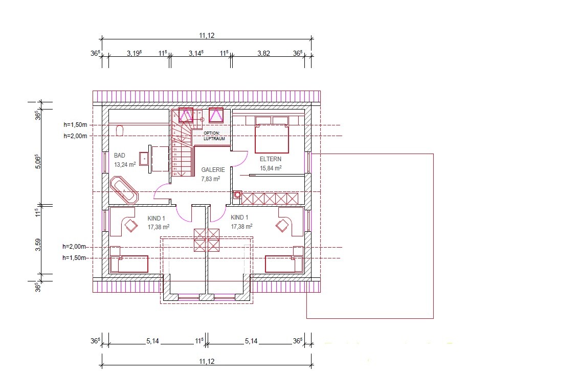 Grundrissplan eines Hauses mit Bad, Eltern- und Kinderzimmern sowie Galerie