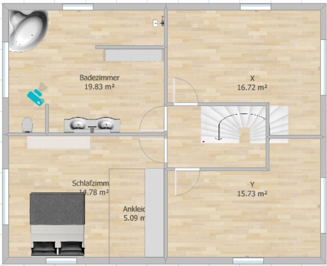 Grundriss: Badezimmer, Schlafzimmer, Ankleide, zwei Räume X/Y, Treppe.