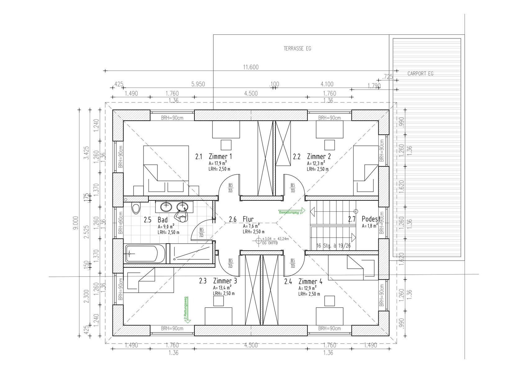 Grundriss eines Wohnhauses mit 4 Zimmern, Bad, Flur, Treppenhaus und Terrasse.