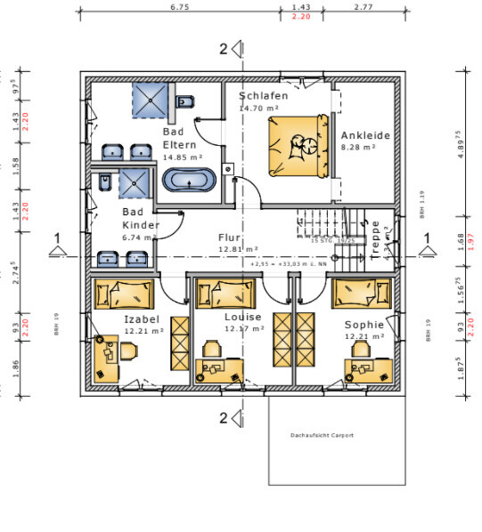 Grundriss Dachgeschoss: Elternzimmer mit Ankleide, Bad, Flur, 3 Kinderzimmer Izabel, Louise, Sophie.