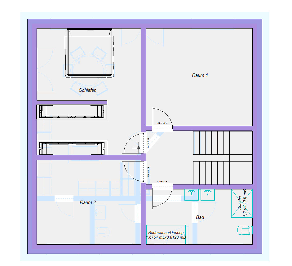 2D-Grundrissplan eines Obergeschosses mit Schlafzimmer, Raum 1, Raum 2 und Bad