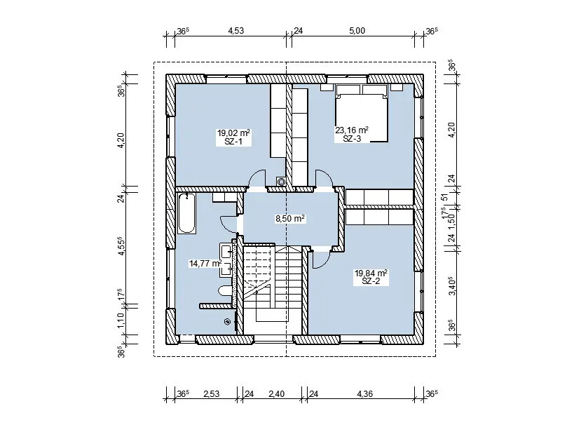 2D-Obergeschoss-Grundrissplan mit Schlafzimmern SZ-1 bis SZ-3, Treppenhaus