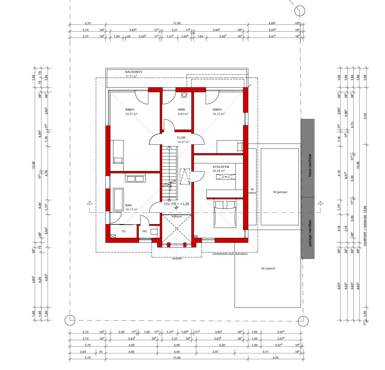 Grundriss eines Einfamilienhauses: Schlafzimmer, Kinderzimmer, Bad, Flur, Balkon und Garage.