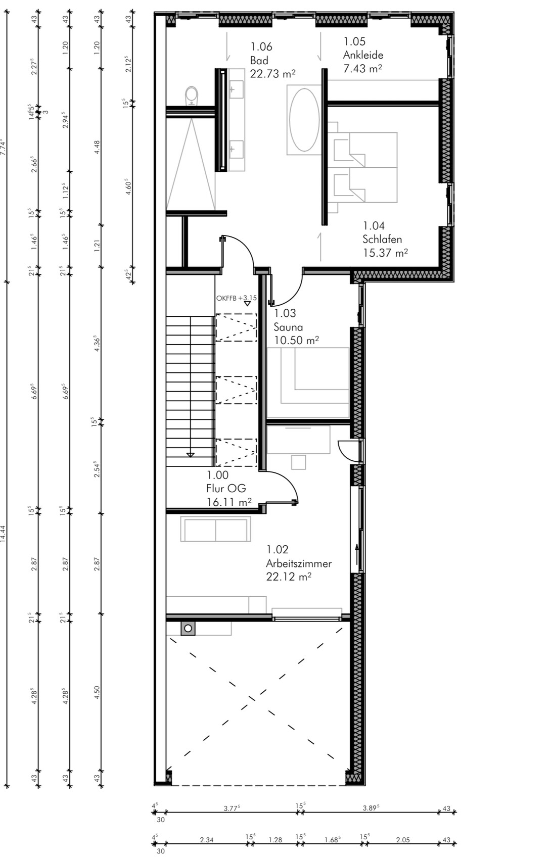 Grundriss eines Obergeschosses: Flur, Arbeitszimmer, Schlafen, Bad, Ankleide, Sauna.