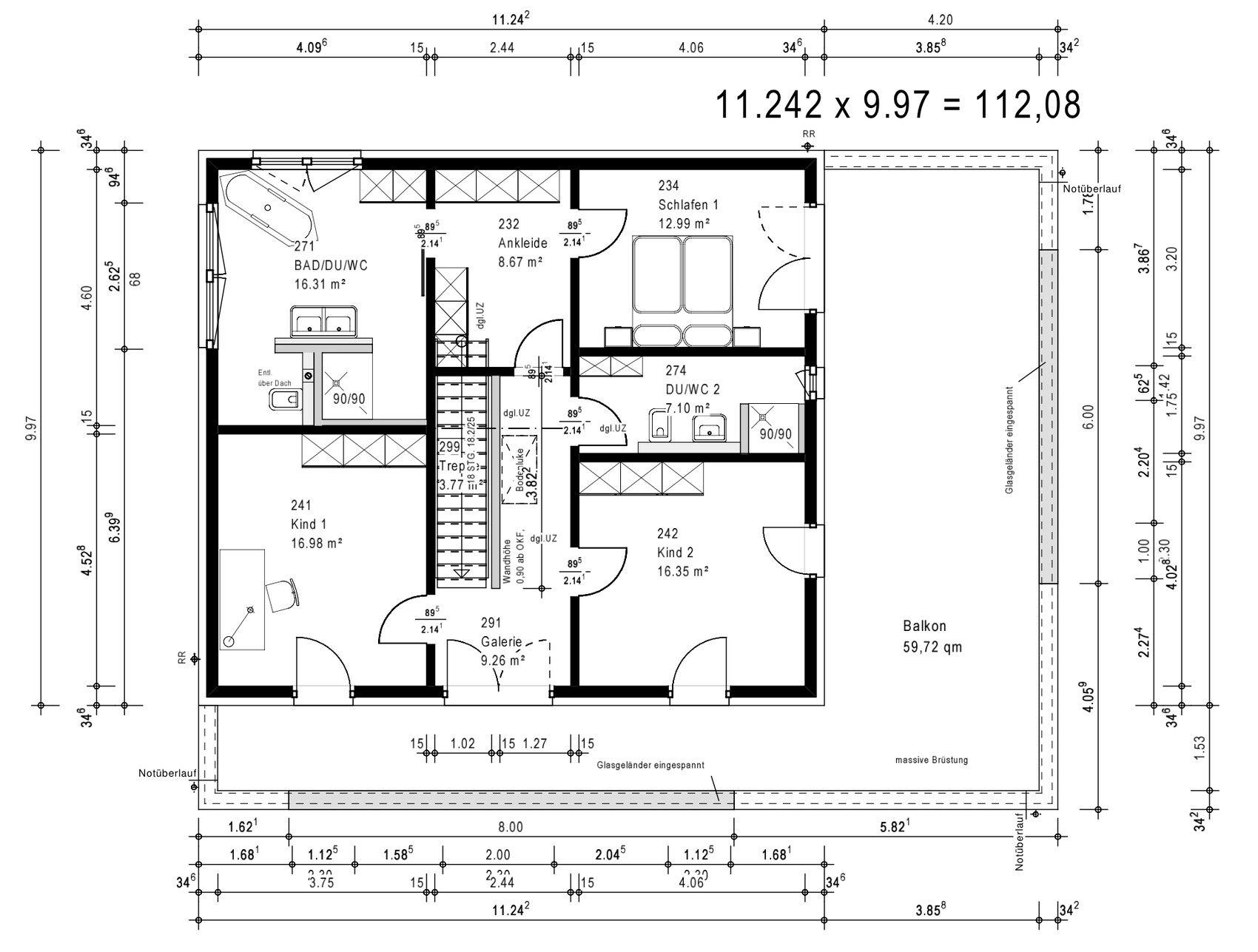 Grundriss eines Obergeschosses mit Schlafraum, Bad, Ankleide, zwei Kinderzimmern, Balkon und Galerie.