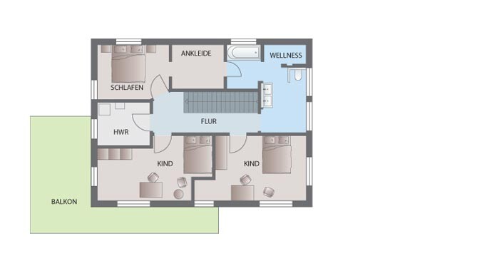 Grundriss Obergeschoss: Schlafen, Ankleide, Wellness, Flur, HWR, zwei Kinderzimmer, Balkon.