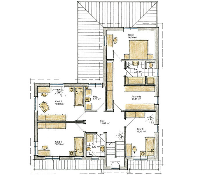 Grundriss eines Dachgeschosses mit Elternzimmer, Ankleide, Bad, drei Kinderzimmern, Flur und Balkon.