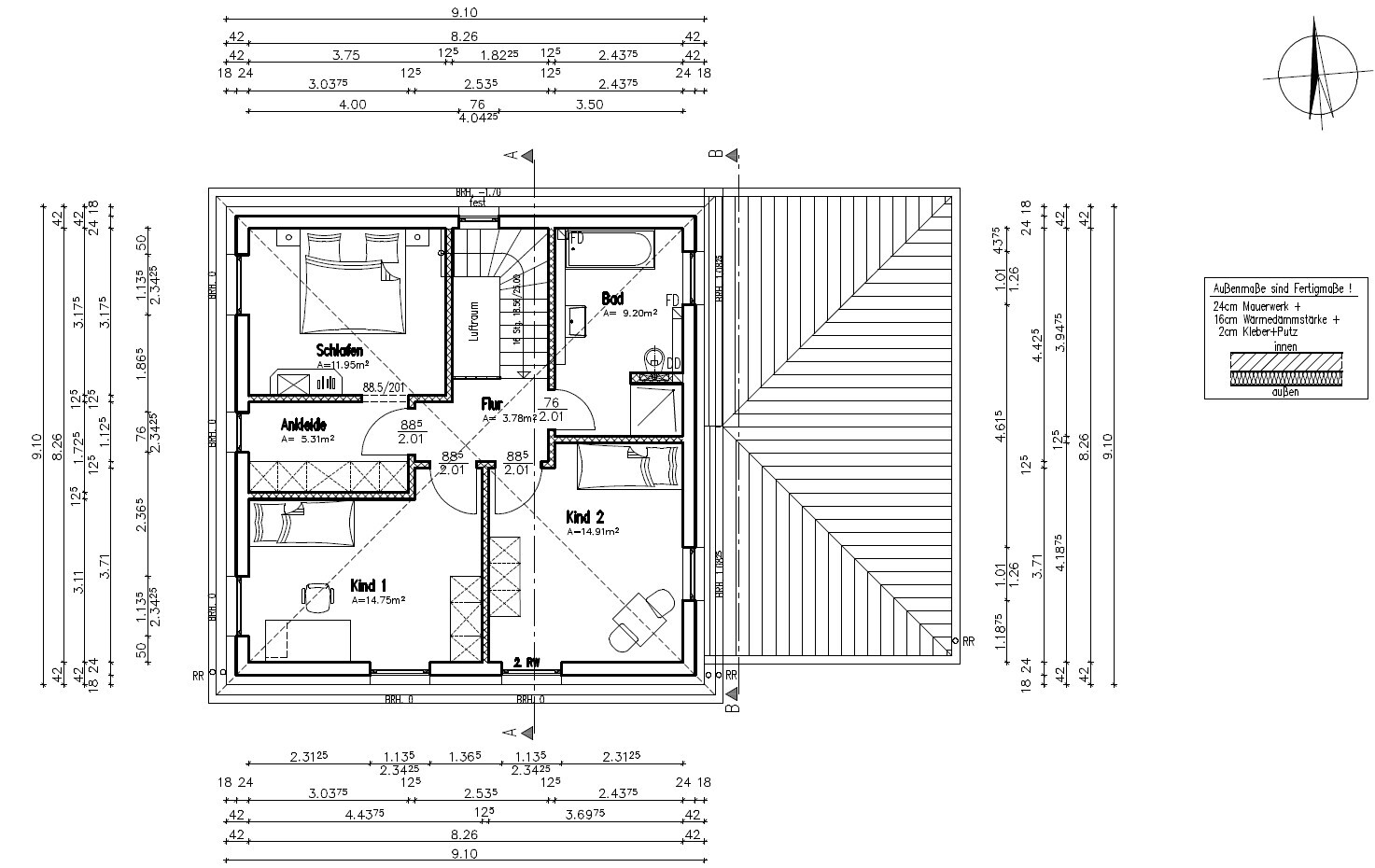 Dachgeschoss-Grundriss: Schlafzimmer, Ankleide, Flur, Bad, Kind 1, Kind 2, Terrasse.