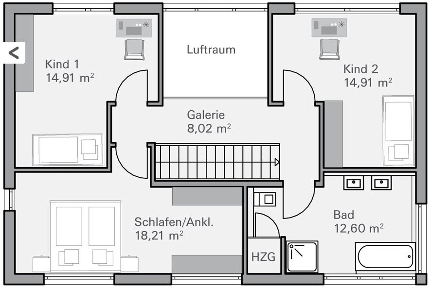 Grundriss eines Hauses: zwei Kinderzimmer, Schlafbereich, Bad, Galerie und Luftraum.