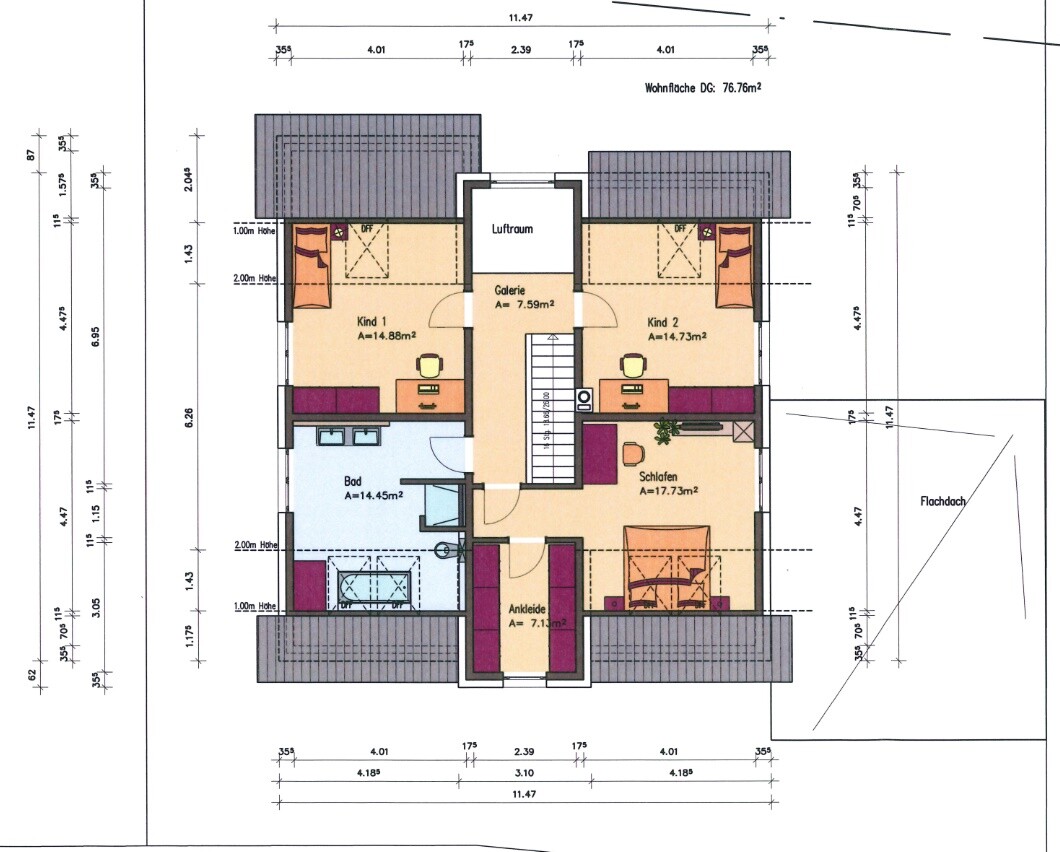 Grundriss eines Obergeschosses mit Schlafzimmer, Kinderzimmern und Bad in einem Wohnhaus