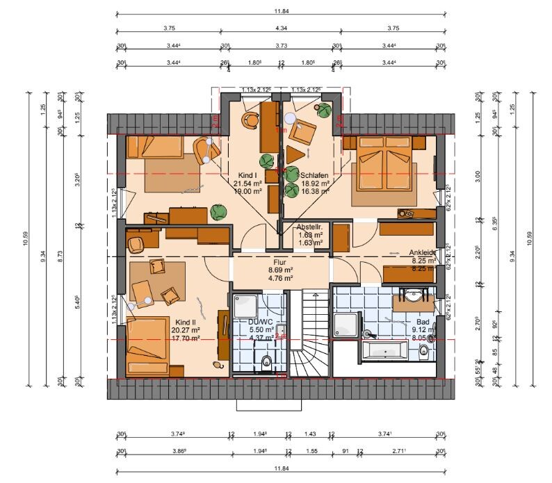 2D-Grundriss eines Hauses mit Schlafzimmer, Bad, Flur und Kinderzimmer